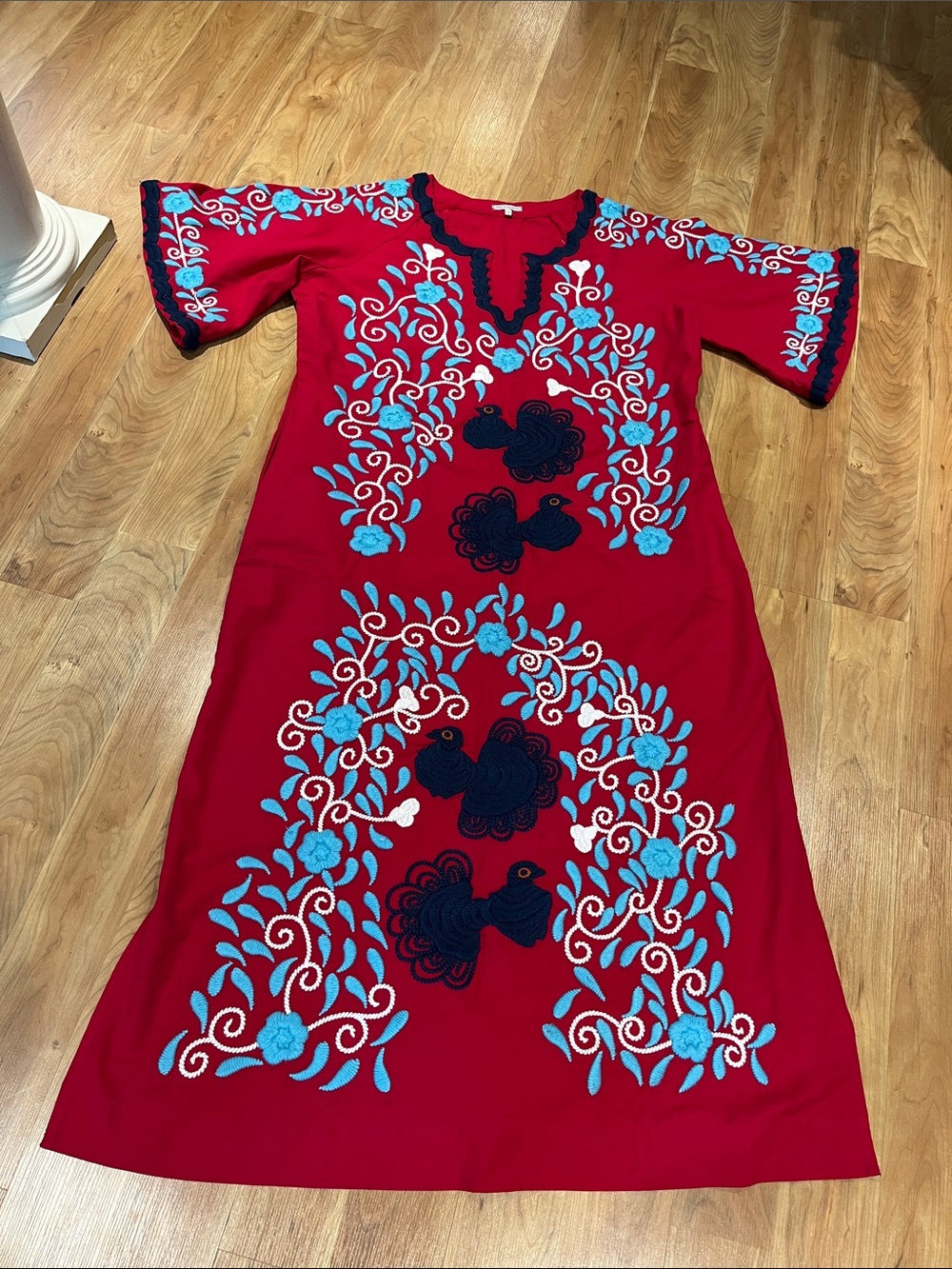 Frances Valentine embroidered charming peacock caftan deep berry navy maxi 12 - Picture 3 of 12